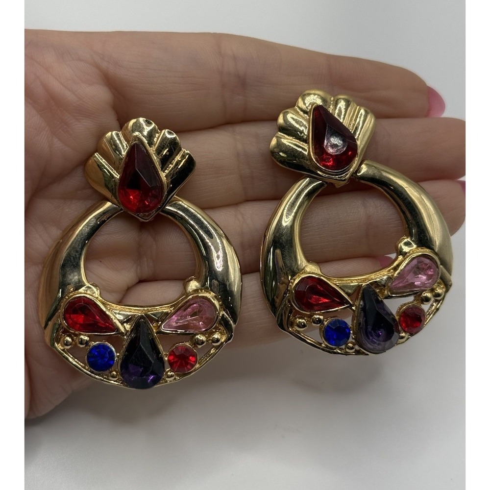 Vtg Gold Tone Statement Earrings Colorful Glass Stones Dangle Earrings Pierced